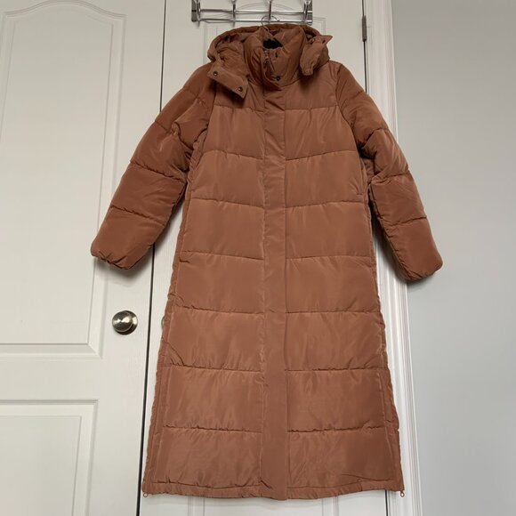 Women's Amazon Essentials Long Hooded Puffer Coat Camel Light Brown Size M - Picture 2 of 10